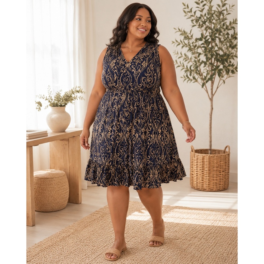 Glamour Scroll Print Dress Women 22W Navy Gold Sleeveless Ruffle Hem V-Neck